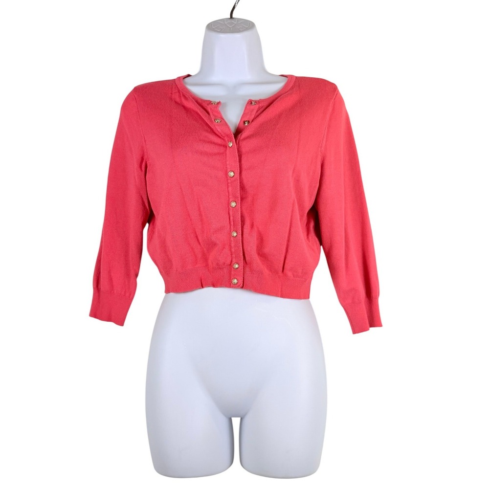 Pink Coral Cropped Cardigan Gold Crest Buttons Petite M preppy Feminine Bold